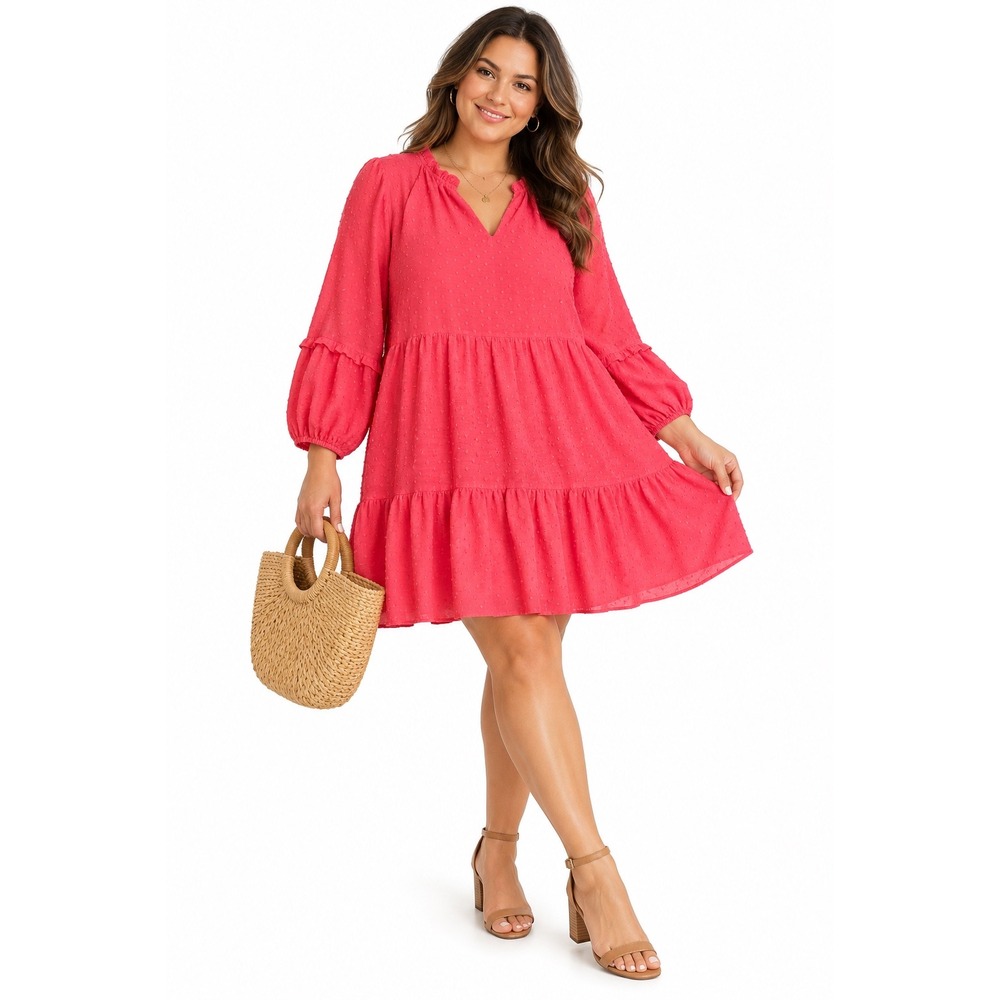 CeCe Coral Swiss Dot Tiered Ruffle Mini Dress  Babydoll PXL Peasant Coquette